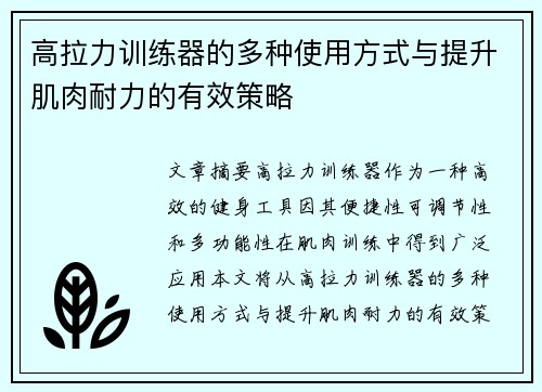 高拉力训练器的多种使用方式与提升肌肉耐力的有效策略