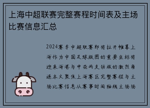 上海中超联赛完整赛程时间表及主场比赛信息汇总