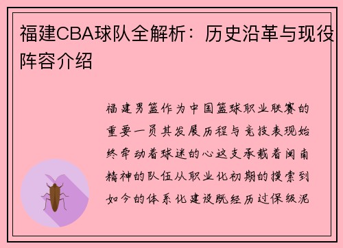 福建CBA球队全解析：历史沿革与现役阵容介绍