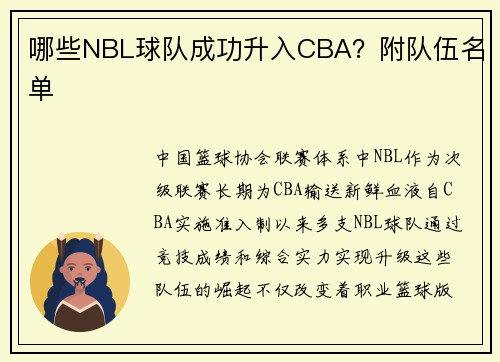 哪些NBL球队成功升入CBA？附队伍名单