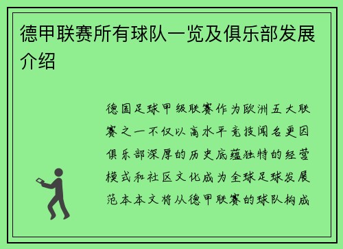 德甲联赛所有球队一览及俱乐部发展介绍